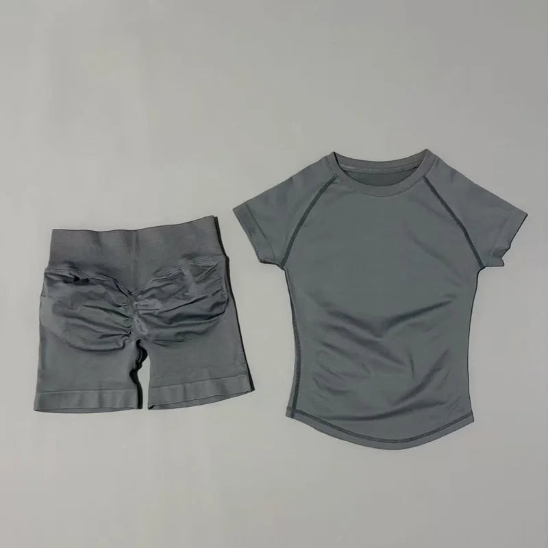 2 Piece Sports Set Women Gym Yoga Set Seamless Fitness Gym Clothes Sportswear Short Sleeve Top Sports Short Leggings Suit