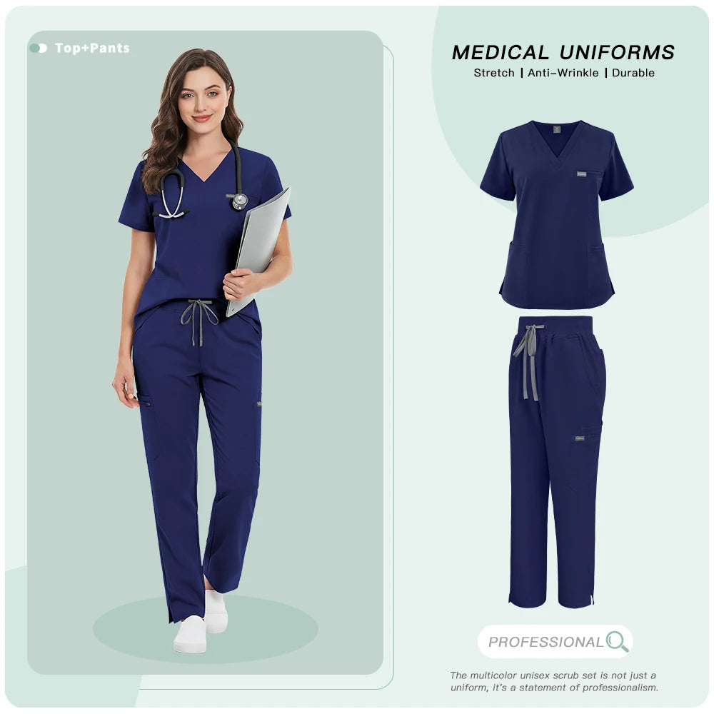 Unisex Hospital Doctor Workwear Medical Dentist Uniform Men Women Scrub Set Clinical Nursing Clothes Beauty Spa Costume Top Pant