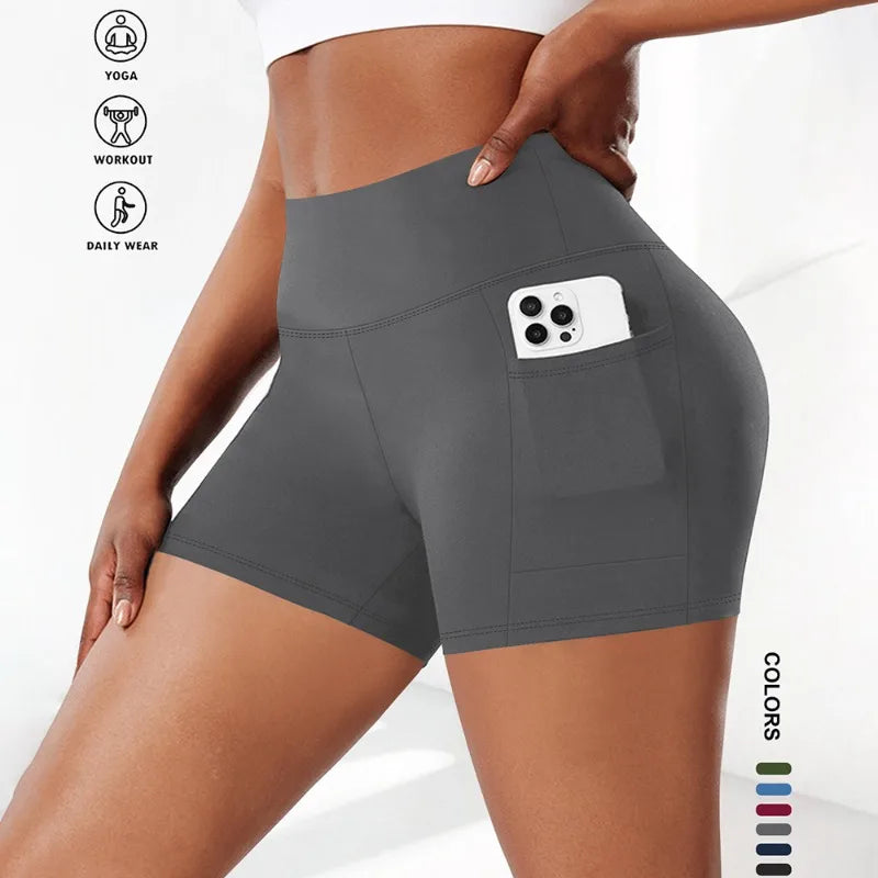 Plus Size Fit Yoga Shorts for Women's High Waist Side Pocket Workout Running Tight Stretchy Athletic Summer Fashion Slim Shorts