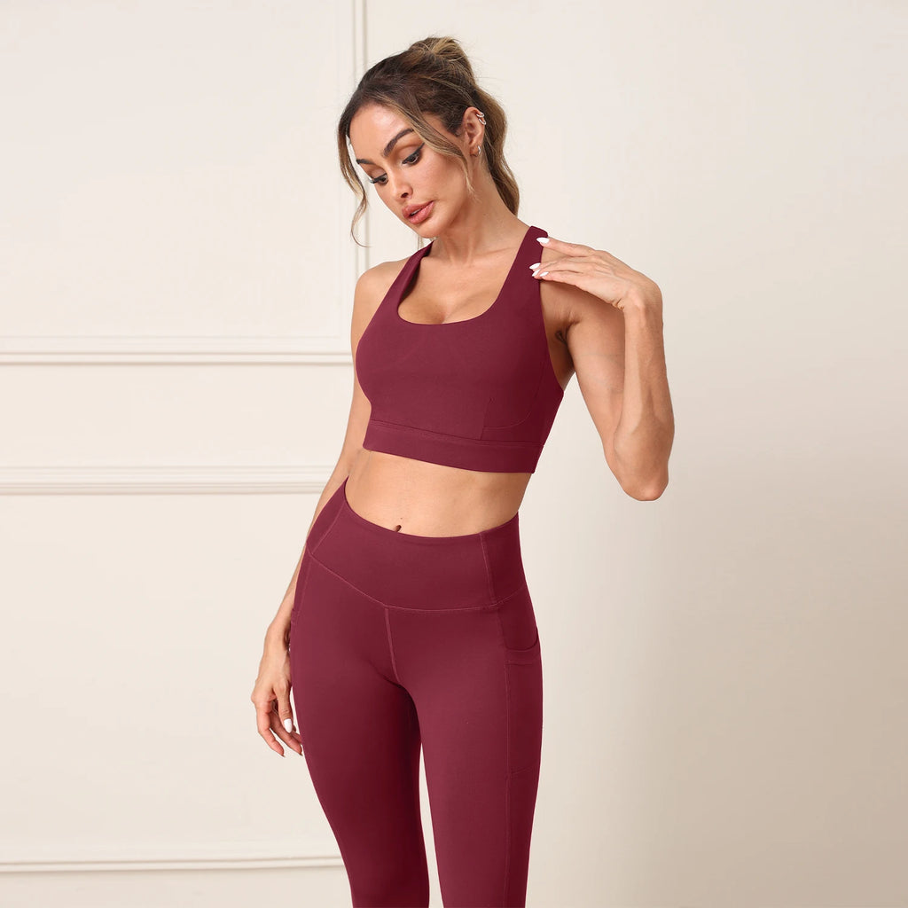 2 Piece Yoga Clothes Women's Athletic Wear Fitness Suit Gym Workout Push Up Pad Sports Bra Pockets Leggings Suit