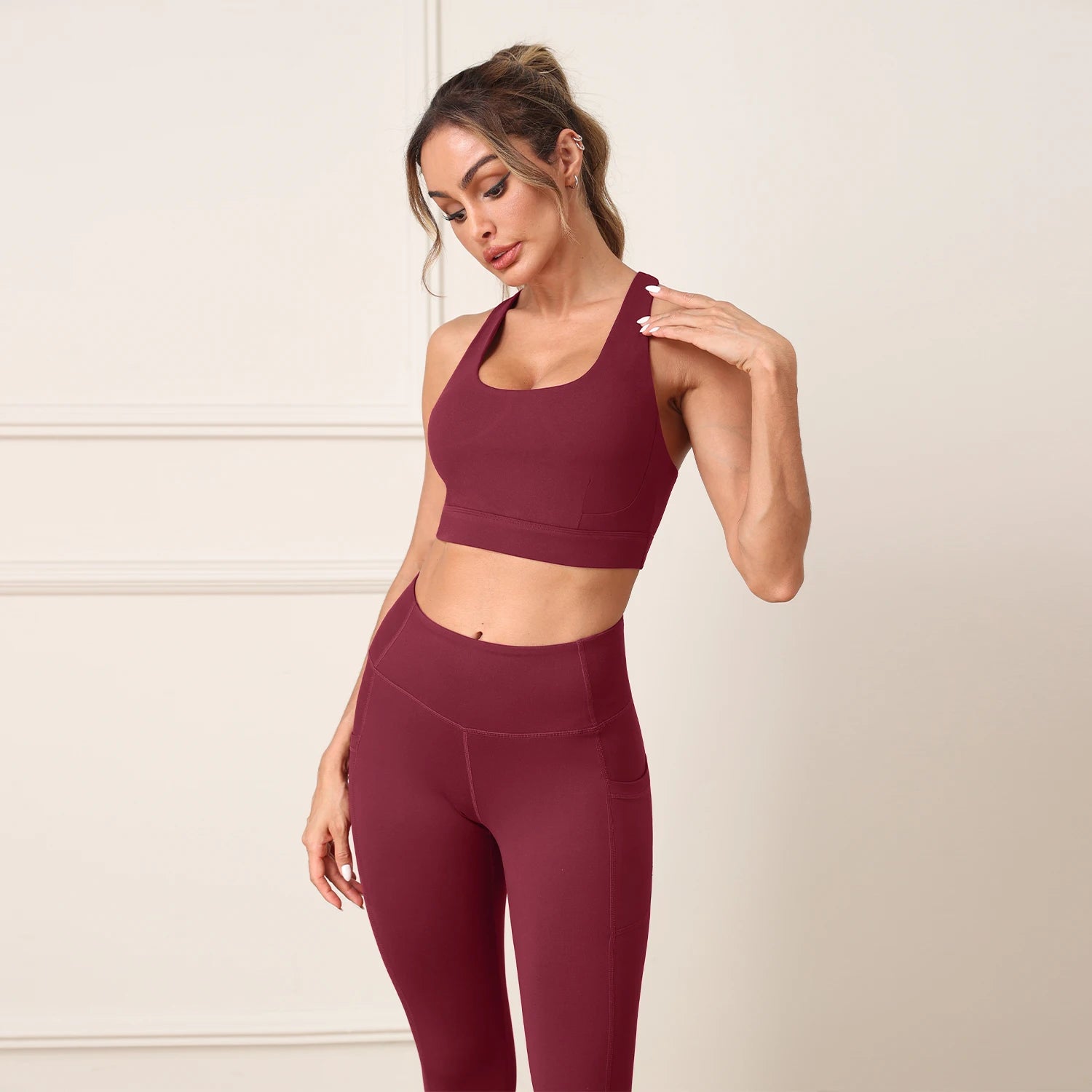 2 Piece Yoga Clothes Women's Athletic Wear Fitness Suit Gym Workout Push Up Pad Sports Bra Pockets Leggings Suit