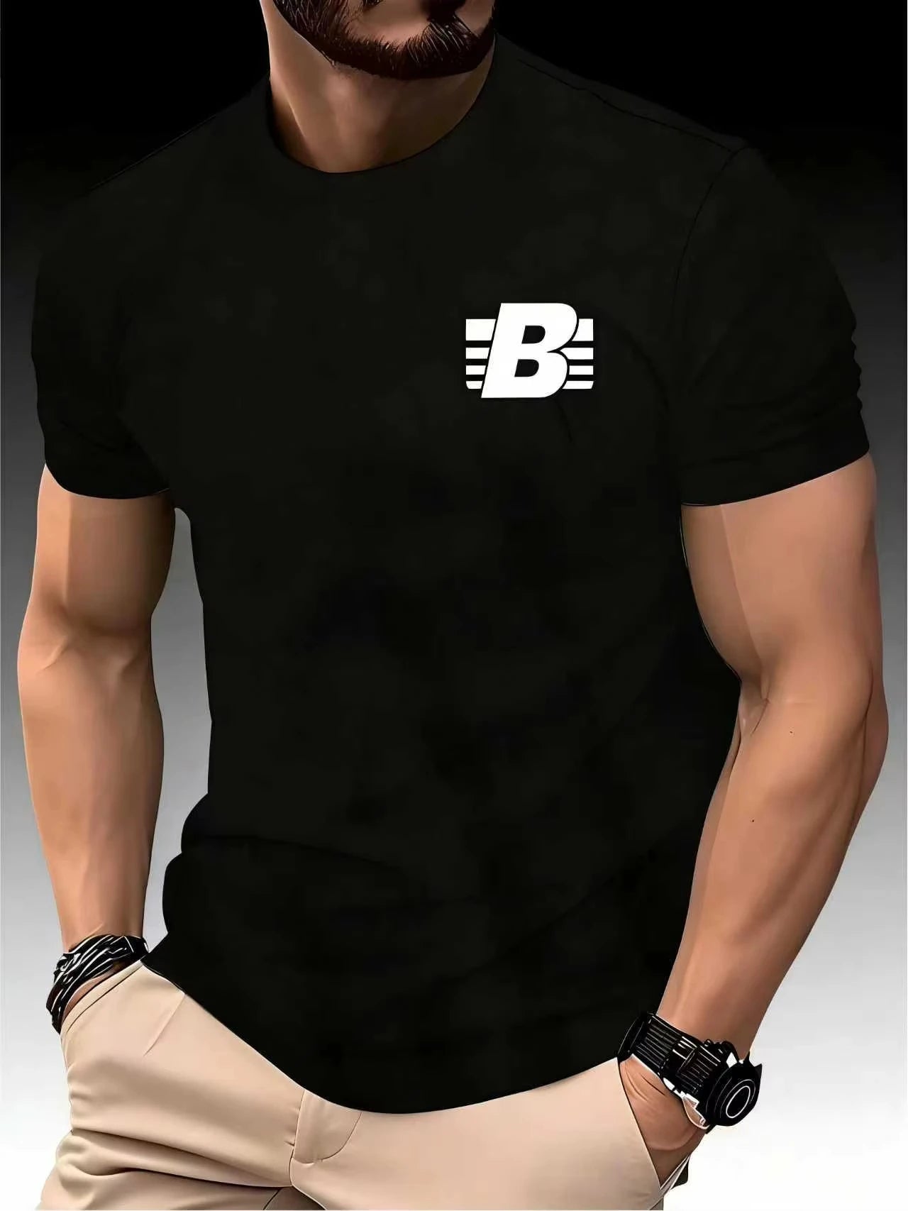 New Men's Crew Neck Running T-shirt Spring Summer Thin Striped B Print Quick Dry Short Sleeve Breathable Fitness Sports Top
