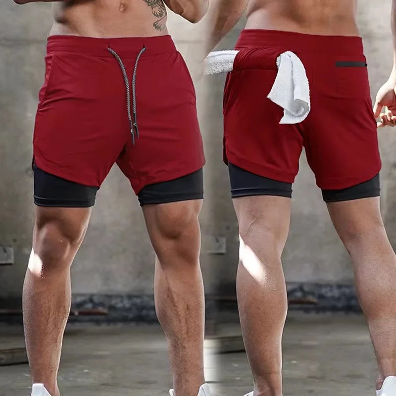 Running Shorts Men Breathable Gyms Bodybuilding Workout Shorts Double Layer Beach Summer Shorts Male Fitness 2 In 1 Sport Shorts
