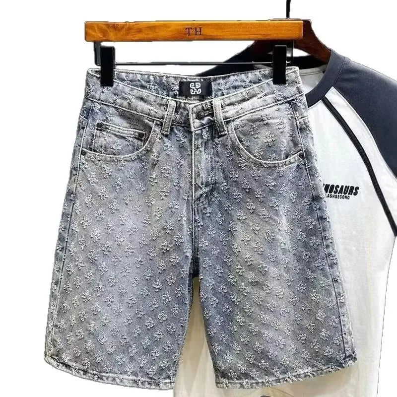 2025 American style new denim shorts for men in summer, loose straight tube, perforated jacquard, high-end feeling, five point