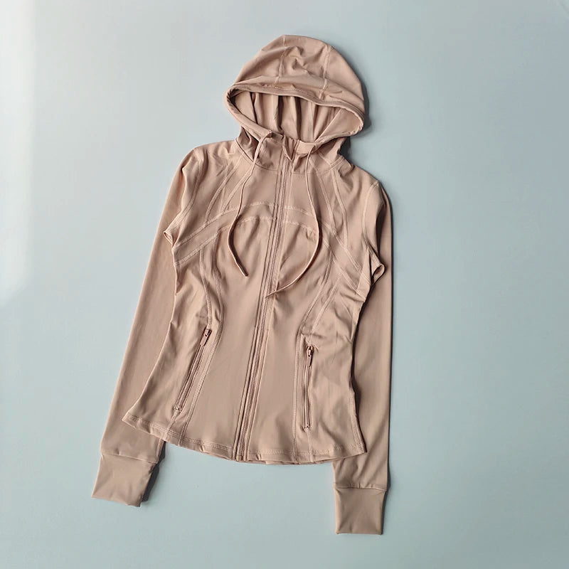 Women's Hooded Zip-Up Yoga Jacket - Windproof Long Sleeve Workout Top, Slim Fit Running Coat for Fall/Winter