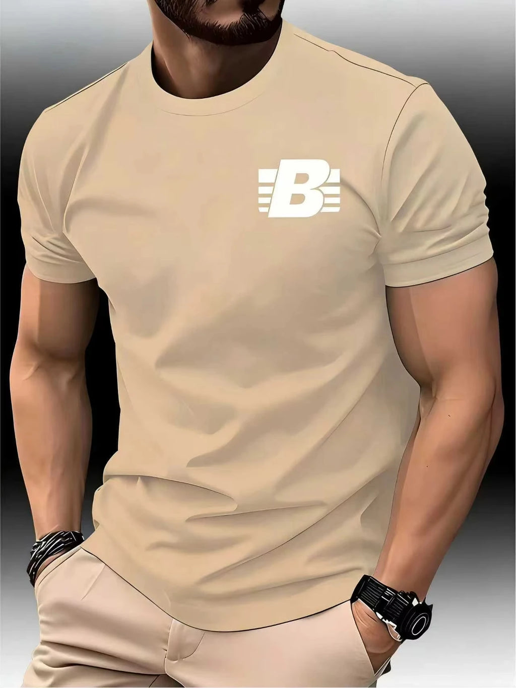New Men's Crew Neck Running T-shirt Spring Summer Thin Striped B Print Quick Dry Short Sleeve Breathable Fitness Sports Top