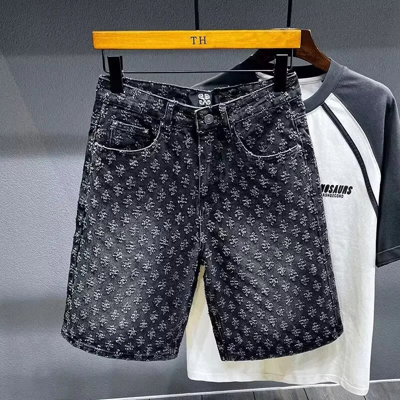 2025 American style new denim shorts for men in summer, loose straight tube, perforated jacquard, high-end feeling, five point