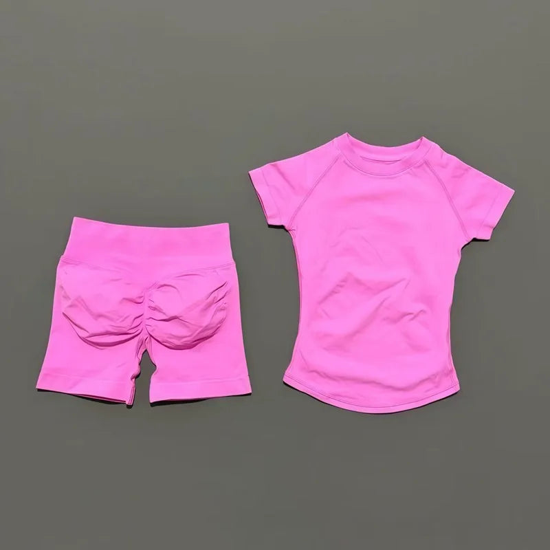 2 Piece Sports Set Women Gym Yoga Set Seamless Fitness Gym Clothes Sportswear Short Sleeve Top Sports Short Leggings Suit
