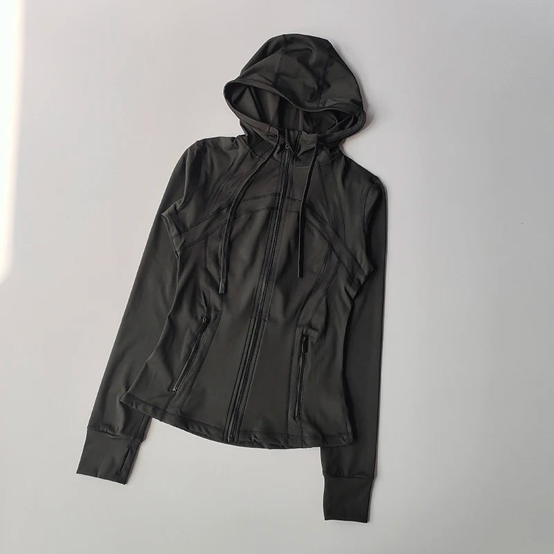Women's Hooded Zip-Up Yoga Jacket - Windproof Long Sleeve Workout Top, Slim Fit Running Coat for Fall/Winter