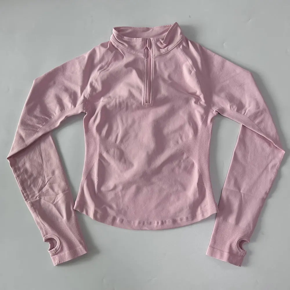 No Logo Yoga Jacket With Half Zip Shirt Women Long Sleeve Sport Tops Seamless Running Workout Coat Fitness Clothing Activewear