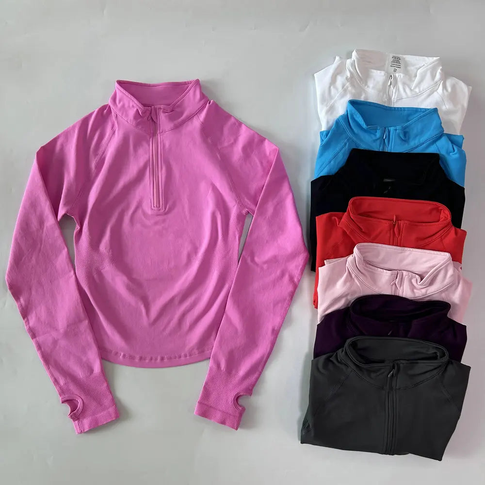 No Logo Yoga Jacket With Half Zip Shirt Women Long Sleeve Sport Tops Seamless Running Workout Coat Fitness Clothing Activewear