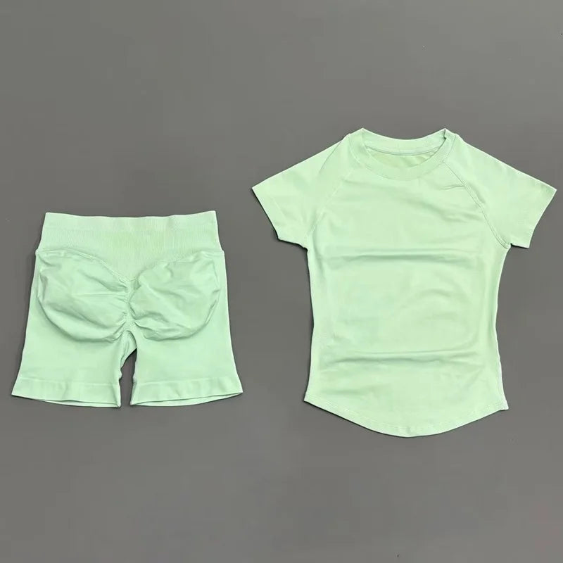 2 Piece Sports Set Women Gym Yoga Set Seamless Fitness Gym Clothes Sportswear Short Sleeve Top Sports Short Leggings Suit