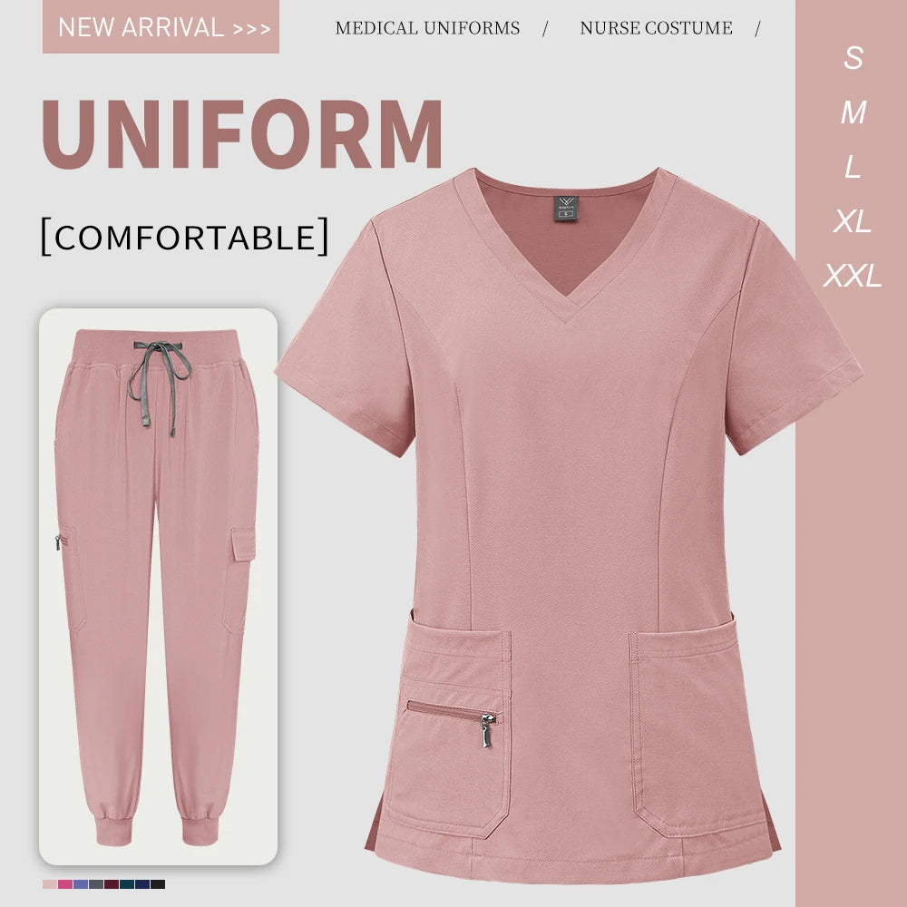 Scrubs Uniforms Short V Neck Sleeve Top Pants Sets Uniform Solid Color Workwear Medical Men Women Working Suit Nurse Accessories