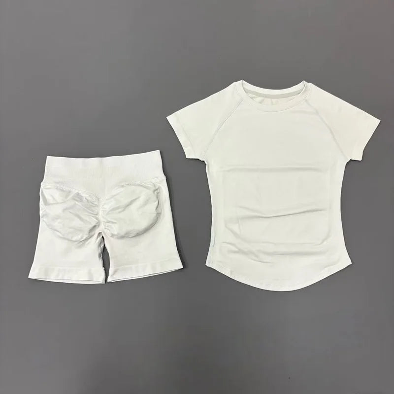 2 Piece Sports Set Women Gym Yoga Set Seamless Fitness Gym Clothes Sportswear Short Sleeve Top Sports Short Leggings Suit
