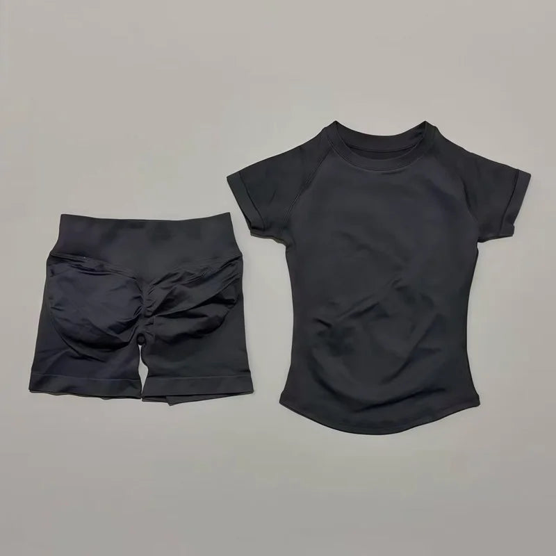 2 Piece Sports Set Women Gym Yoga Set Seamless Fitness Gym Clothes Sportswear Short Sleeve Top Sports Short Leggings Suit