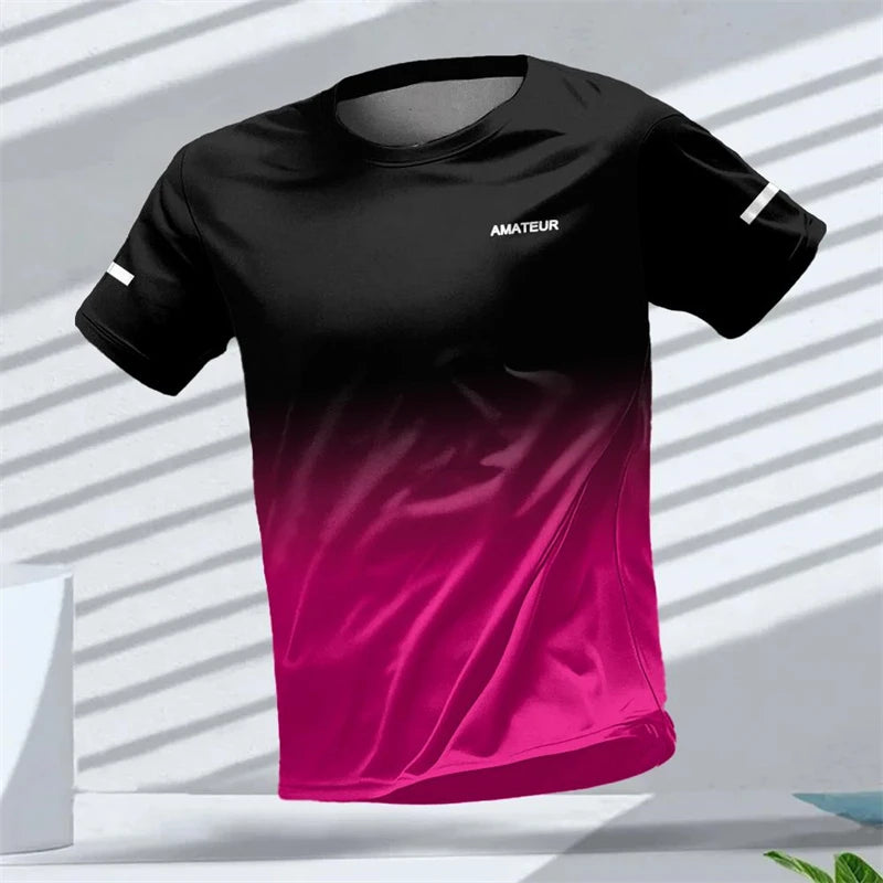 Men's T-shirt Outdoor Sports Running T-shirts Letter Gradient Pattern 3D Printing T Shirts Quick Drying Short Sleeve Unisex Top