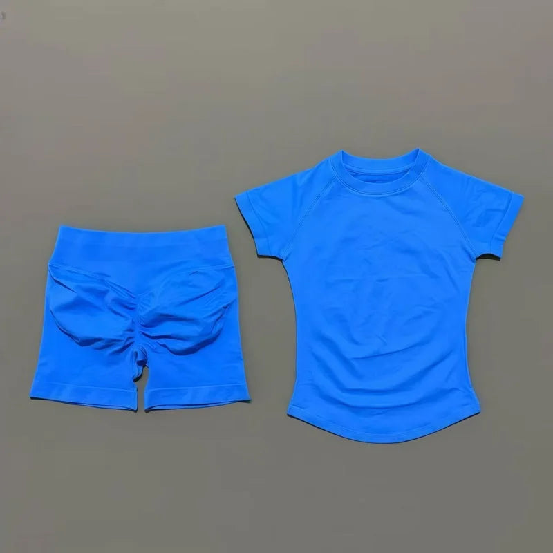 2 Piece Sports Set Women Gym Yoga Set Seamless Fitness Gym Clothes Sportswear Short Sleeve Top Sports Short Leggings Suit