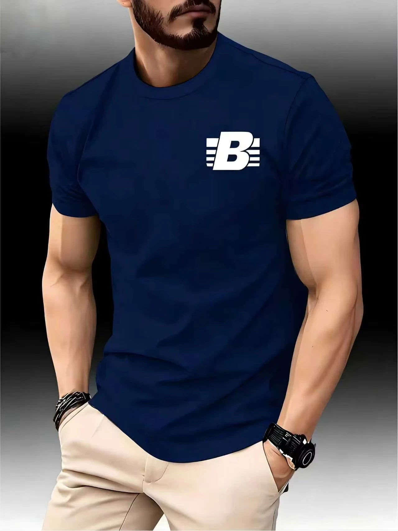 New Men's Crew Neck Running T-shirt Spring Summer Thin Striped B Print Quick Dry Short Sleeve Breathable Fitness Sports Top