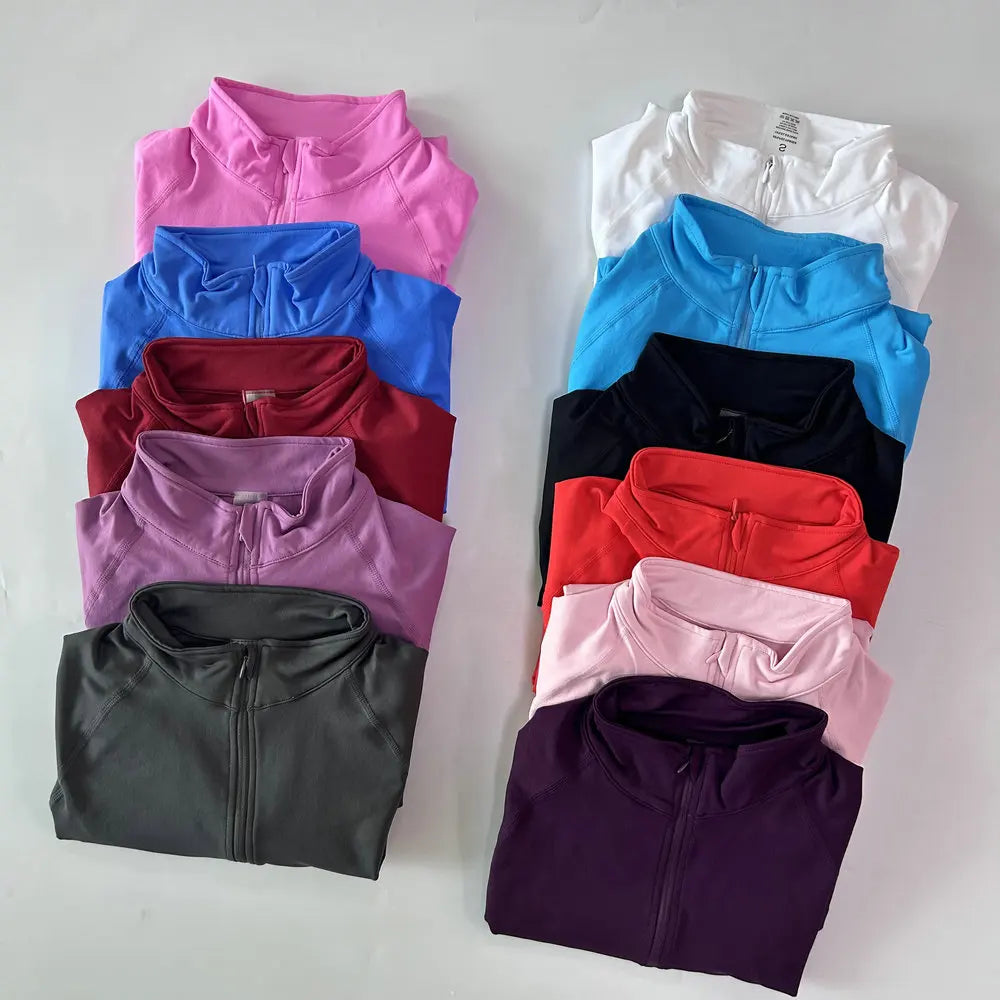 No Logo Yoga Jacket With Half Zip Shirt Women Long Sleeve Sport Tops Seamless Running Workout Coat Fitness Clothing Activewear