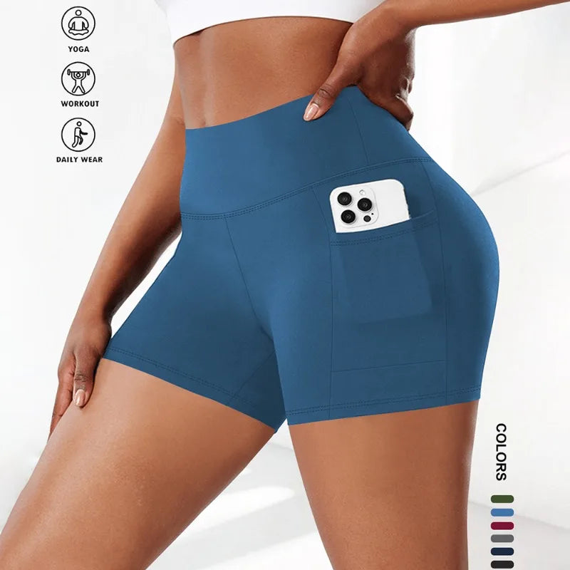 Plus Size Fit Yoga Shorts for Women's High Waist Side Pocket Workout Running Tight Stretchy Athletic Summer Fashion Slim Shorts