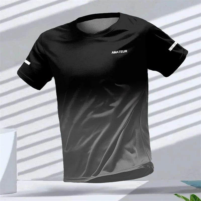 Men's T-shirt Outdoor Sports Running T-shirts Letter Gradient Pattern 3D Printing T Shirts Quick Drying Short Sleeve Unisex Top