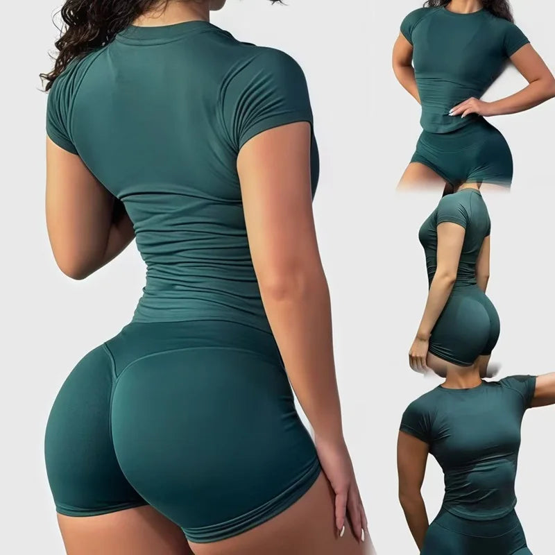 2 Piece Sports Set Women Gym Yoga Set Seamless Fitness Gym Clothes Sportswear Short Sleeve Top Sports Short Leggings Suit
