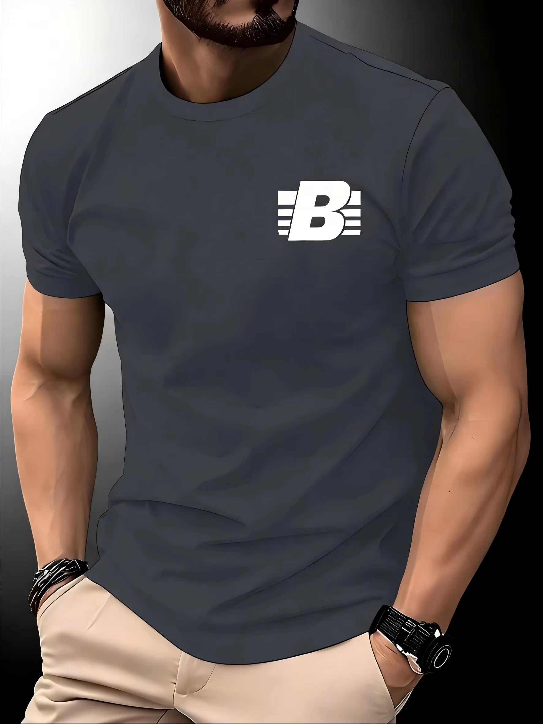 New Men's Crew Neck Running T-shirt Spring Summer Thin Striped B Print Quick Dry Short Sleeve Breathable Fitness Sports Top
