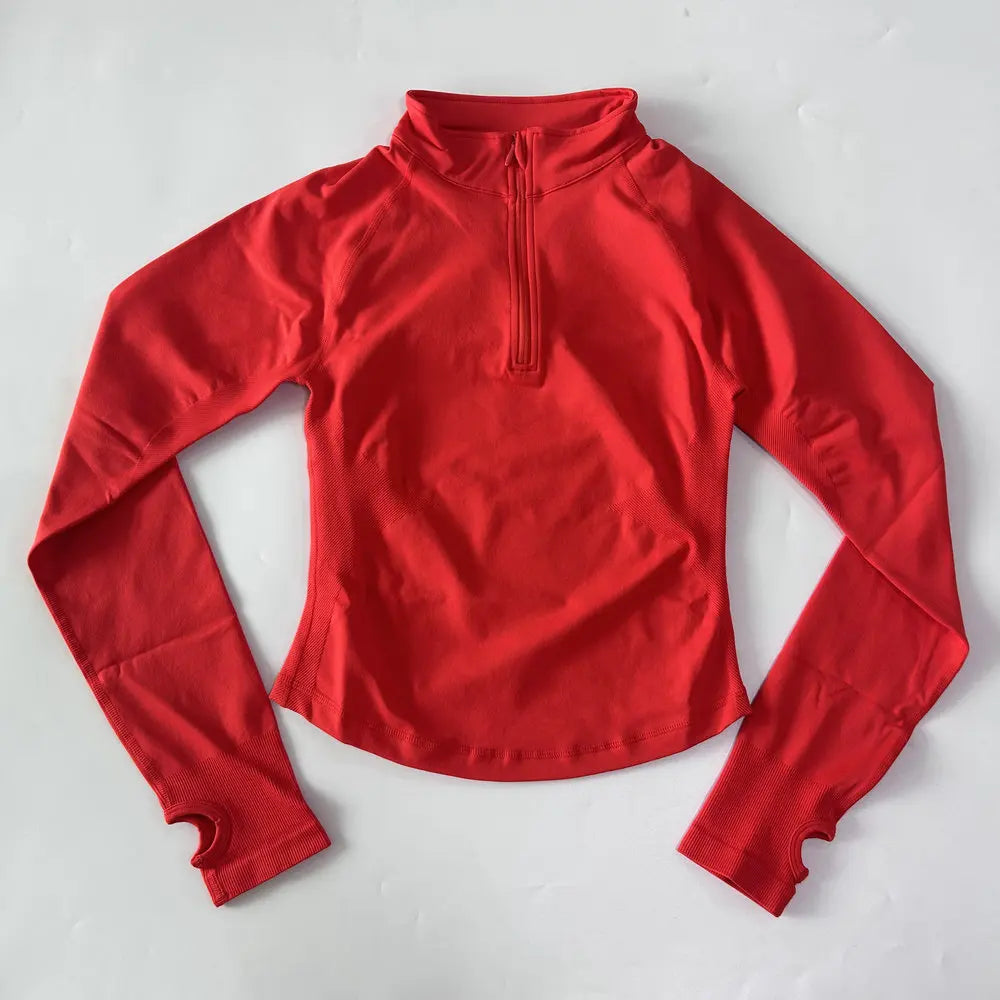 No Logo Yoga Jacket With Half Zip Shirt Women Long Sleeve Sport Tops Seamless Running Workout Coat Fitness Clothing Activewear