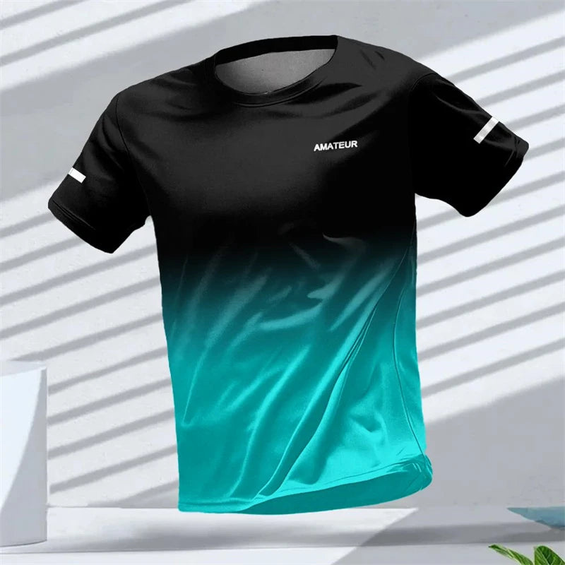 Men's T-shirt Outdoor Sports Running T-shirts Letter Gradient Pattern 3D Printing T Shirts Quick Drying Short Sleeve Unisex Top