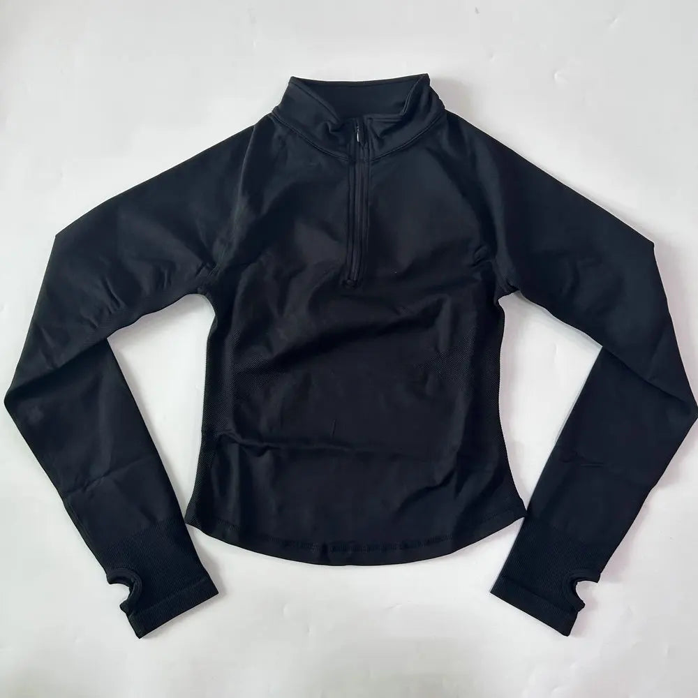 No Logo Yoga Jacket With Half Zip Shirt Women Long Sleeve Sport Tops Seamless Running Workout Coat Fitness Clothing Activewear