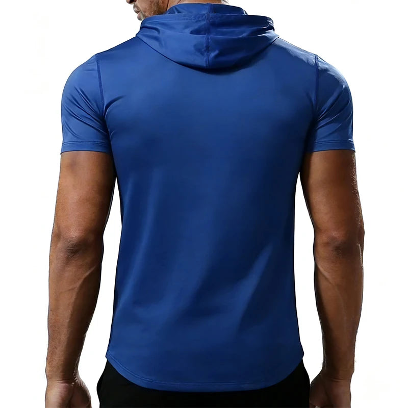 Men's Running T-shirt Sportswear Hooded Tops Tee Workout Tracksuit Training Male Clothing Elastic Gym Fitness Sport T Shirt Men