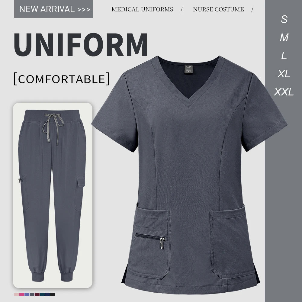 Scrubs Uniforms Short V Neck Sleeve Top Pants Sets Uniform Solid Color Workwear Medical Men Women Working Suit Nurse Accessories