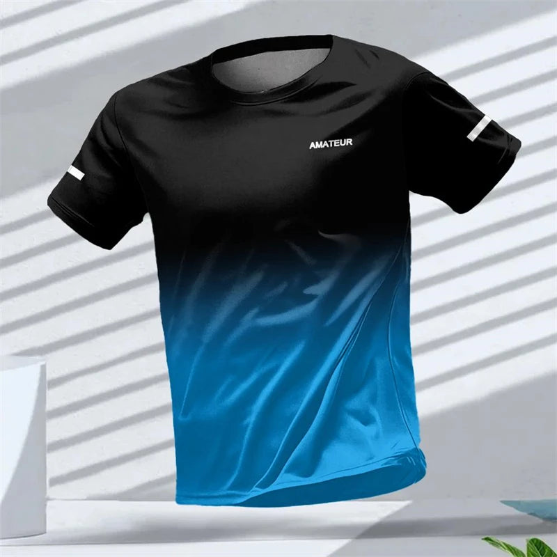Men's T-shirt Outdoor Sports Running T-shirts Letter Gradient Pattern 3D Printing T Shirts Quick Drying Short Sleeve Unisex Top