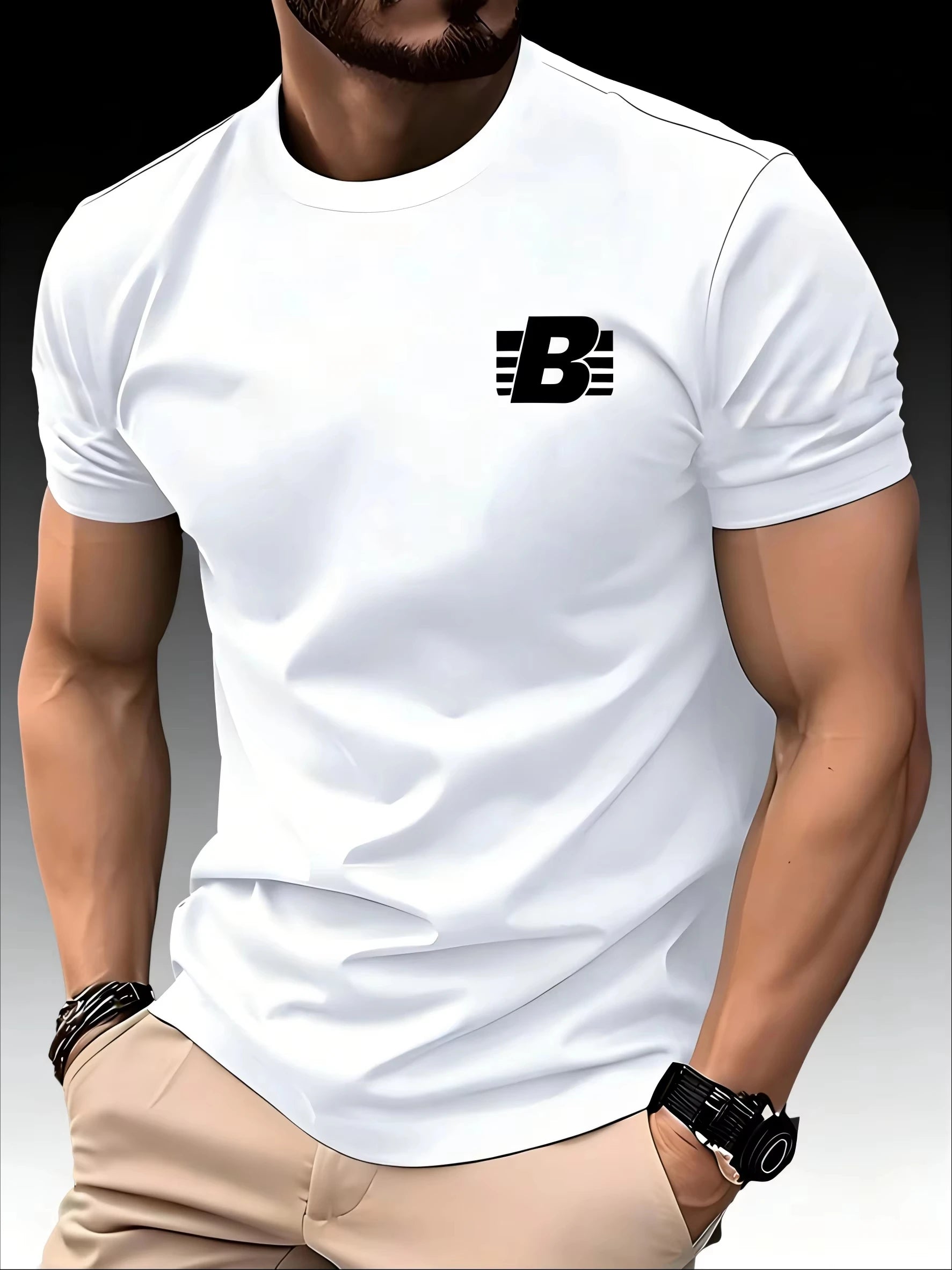 New Men's Crew Neck Running T-shirt Spring Summer Thin Striped B Print Quick Dry Short Sleeve Breathable Fitness Sports Top