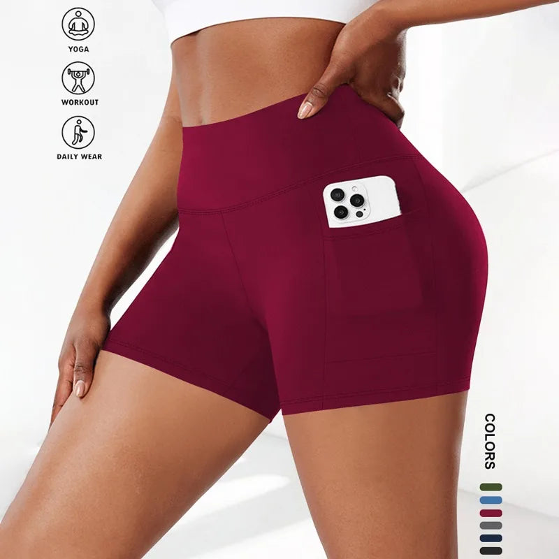 Plus Size Fit Yoga Shorts for Women's High Waist Side Pocket Workout Running Tight Stretchy Athletic Summer Fashion Slim Shorts