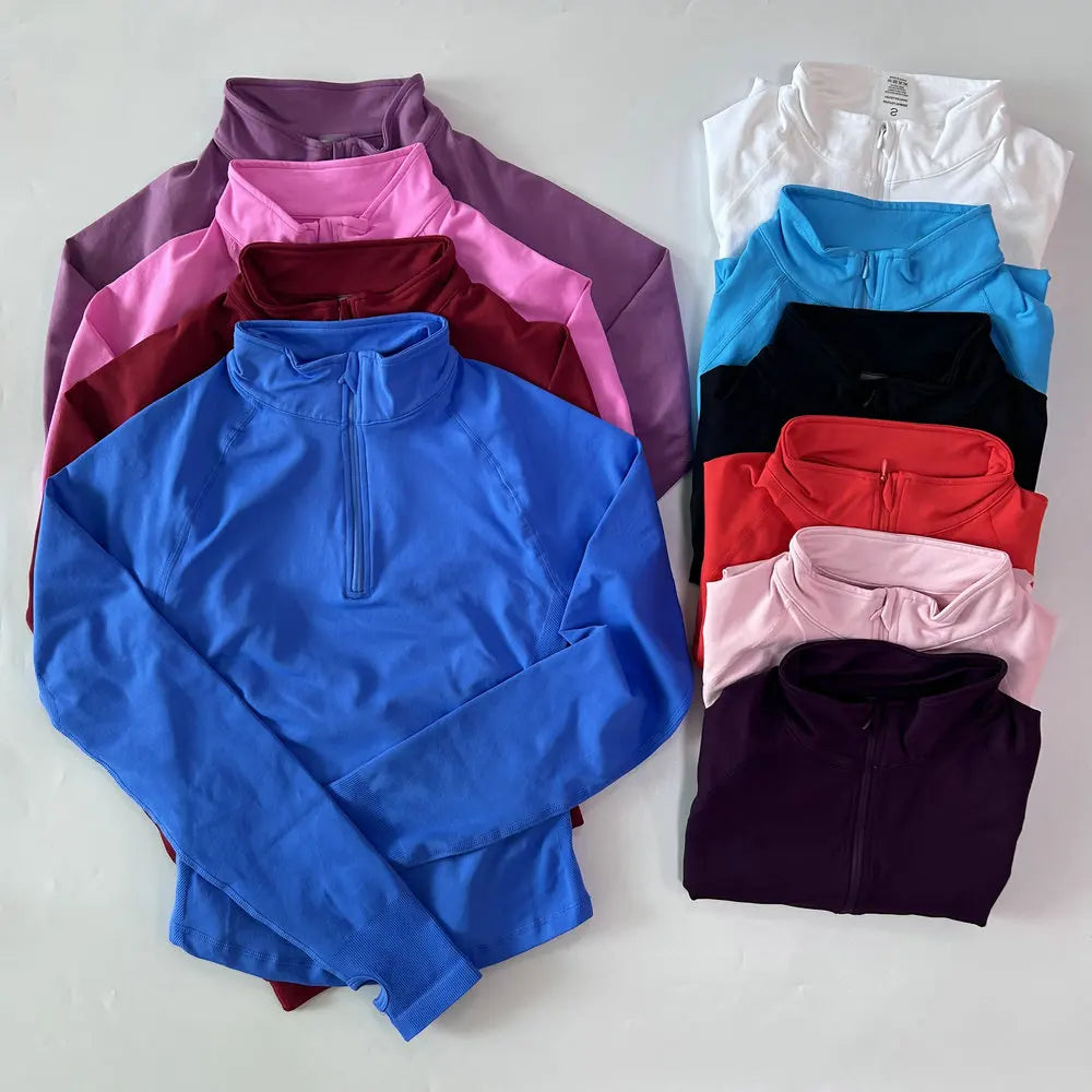 No Logo Yoga Jacket With Half Zip Shirt Women Long Sleeve Sport Tops Seamless Running Workout Coat Fitness Clothing Activewear