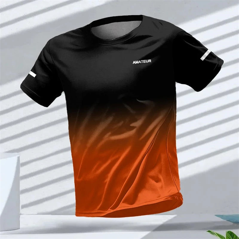 Men's T-shirt Outdoor Sports Running T-shirts Letter Gradient Pattern 3D Printing T Shirts Quick Drying Short Sleeve Unisex Top