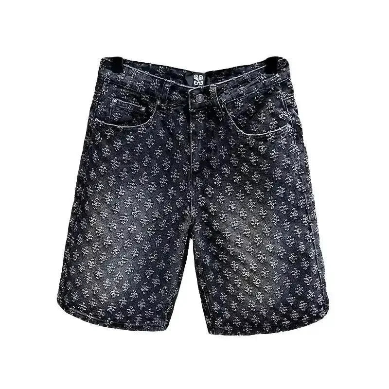 2025 American style new denim shorts for men in summer, loose straight tube, perforated jacquard, high-end feeling, five point