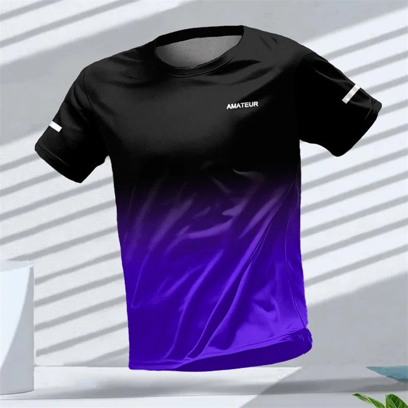 Men's T-shirt Outdoor Sports Running T-shirts Letter Gradient Pattern 3D Printing T Shirts Quick Drying Short Sleeve Unisex Top