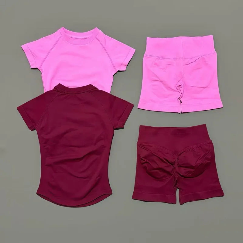 2 Piece Sports Set Women Gym Yoga Set Seamless Fitness Gym Clothes Sportswear Short Sleeve Top Sports Short Leggings Suit
