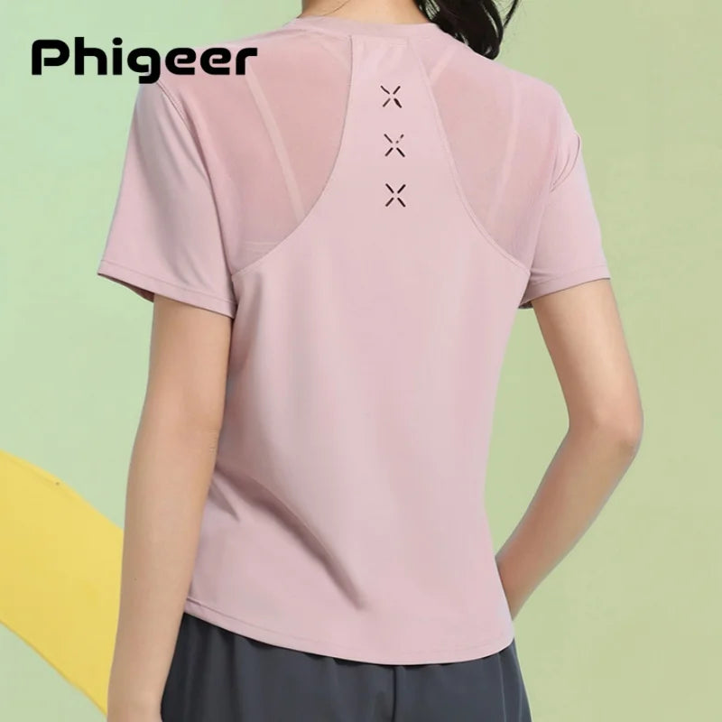 PHIGEER Women Loose Yoga Tops Summer Lightweight Quick Dry Short Sleeve Workout Tee Breathable Sports Shirt Gym Wear Sportswear