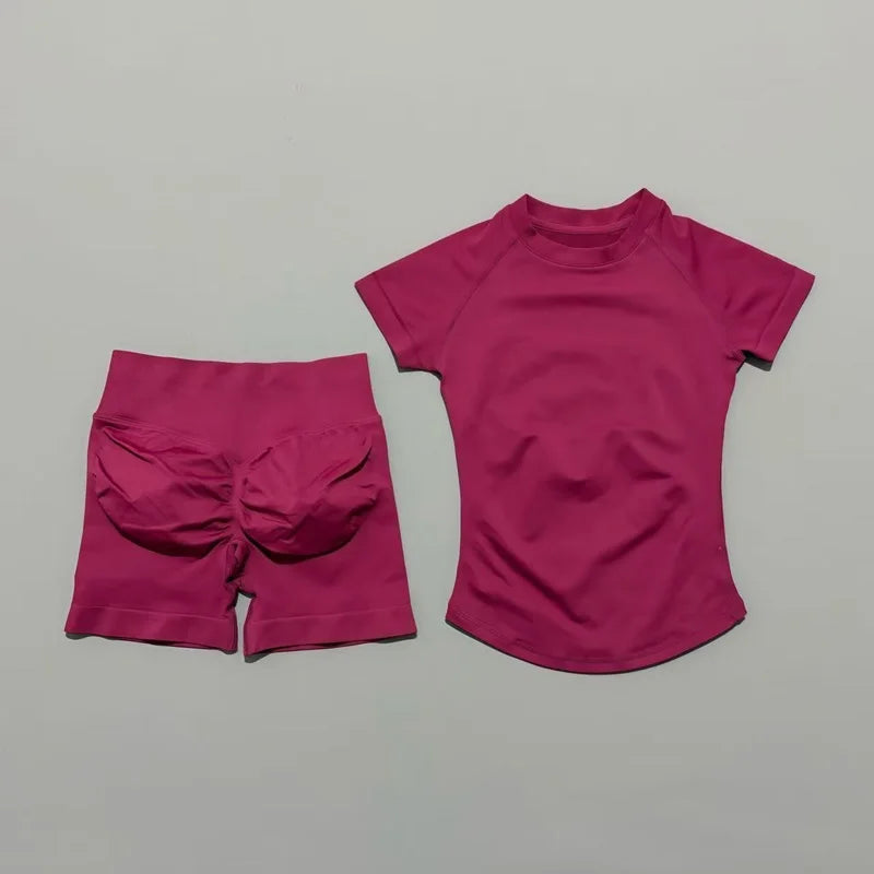 2 Piece Sports Set Women Gym Yoga Set Seamless Fitness Gym Clothes Sportswear Short Sleeve Top Sports Short Leggings Suit