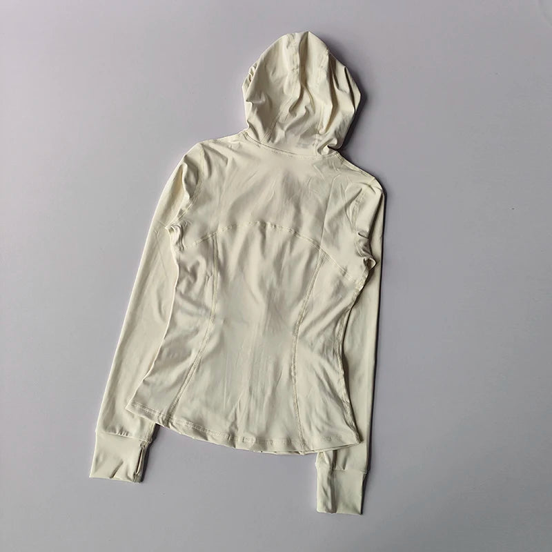 Women's Hooded Zip-Up Yoga Jacket - Windproof Long Sleeve Workout Top, Slim Fit Running Coat for Fall/Winter