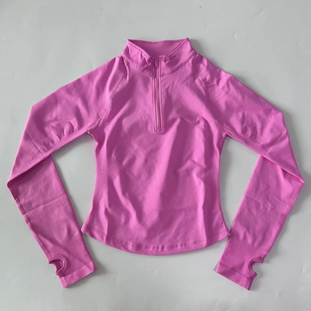 No Logo Yoga Jacket With Half Zip Shirt Women Long Sleeve Sport Tops Seamless Running Workout Coat Fitness Clothing Activewear