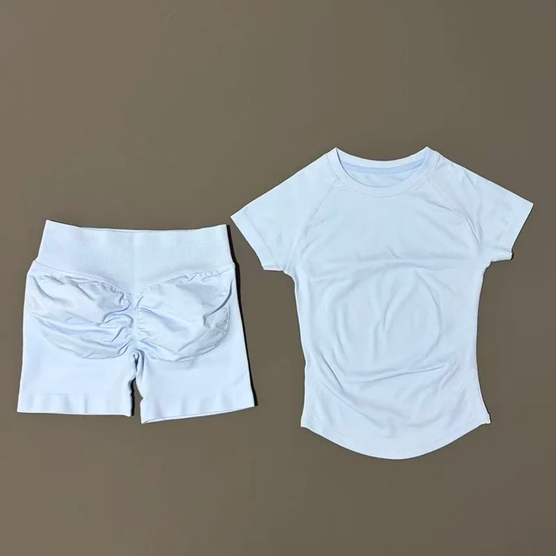 2 Piece Sports Set Women Gym Yoga Set Seamless Fitness Gym Clothes Sportswear Short Sleeve Top Sports Short Leggings Suit