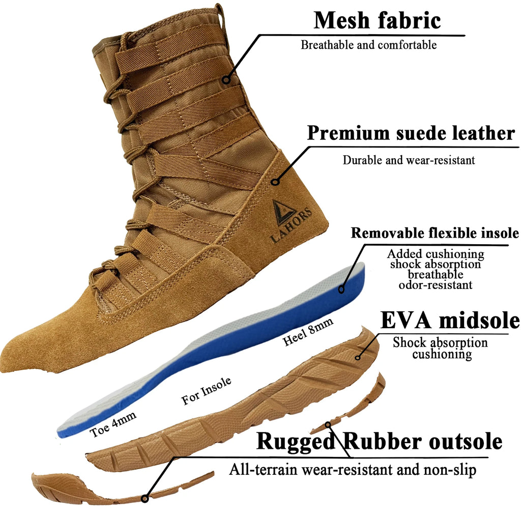 LAHORS Lightweight Suede Leather Tactical Combat Boots Men Outdoor Hiking Desert Army Shoes Breathable Male Ankle Boots Man made