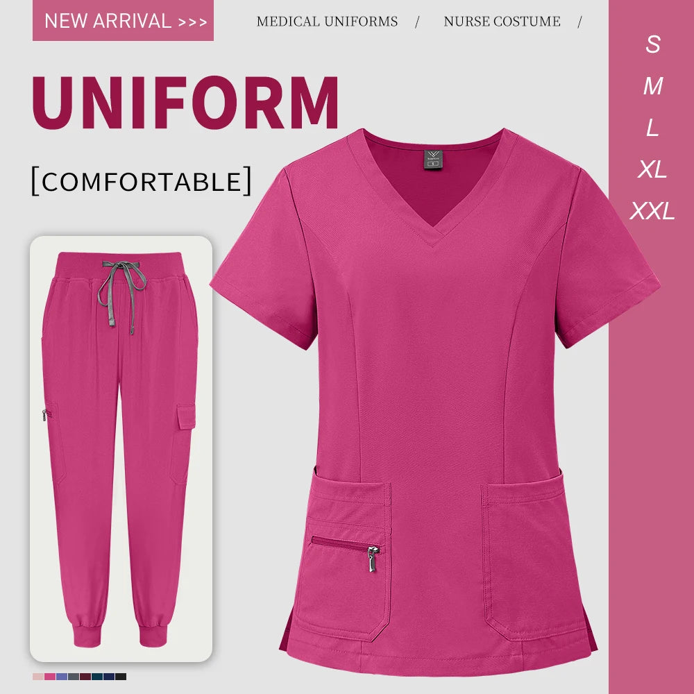 Scrubs Uniforms Short V Neck Sleeve Top Pants Sets Uniform Solid Color Workwear Medical Men Women Working Suit Nurse Accessories