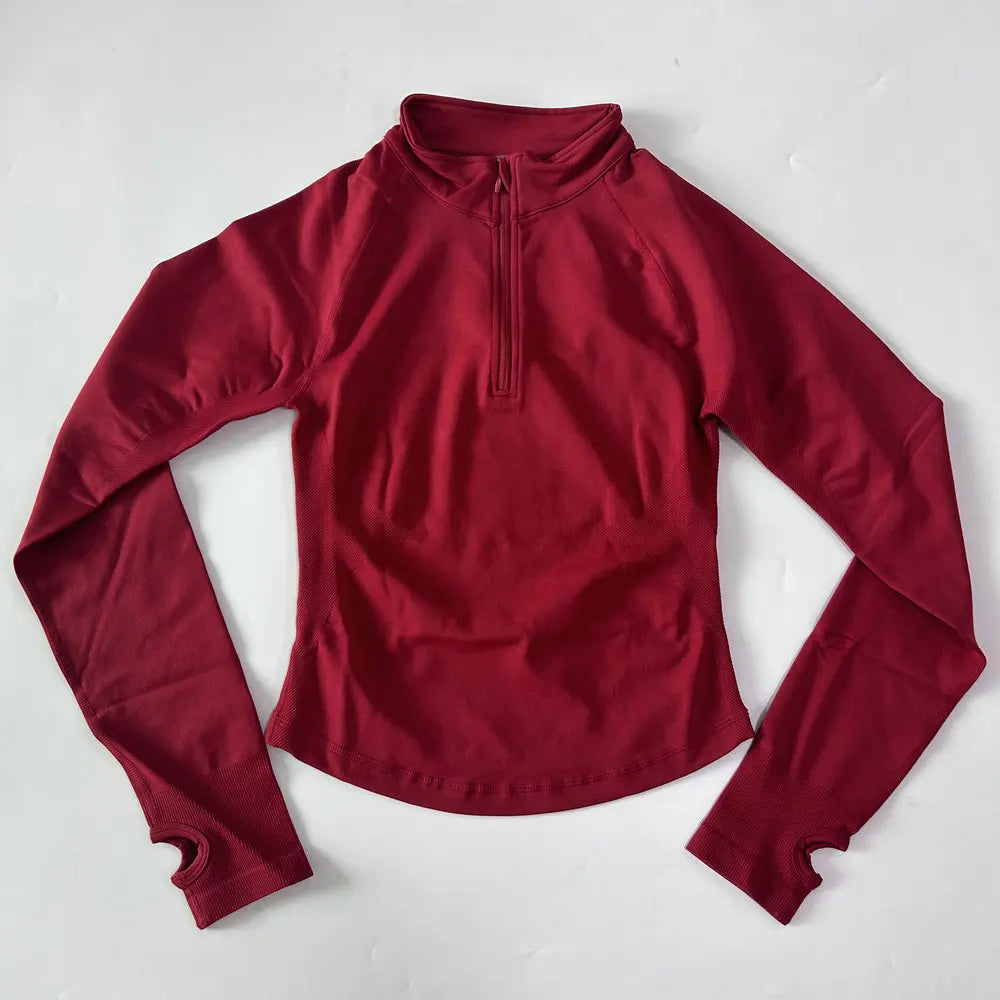 No Logo Yoga Jacket With Half Zip Shirt Women Long Sleeve Sport Tops Seamless Running Workout Coat Fitness Clothing Activewear