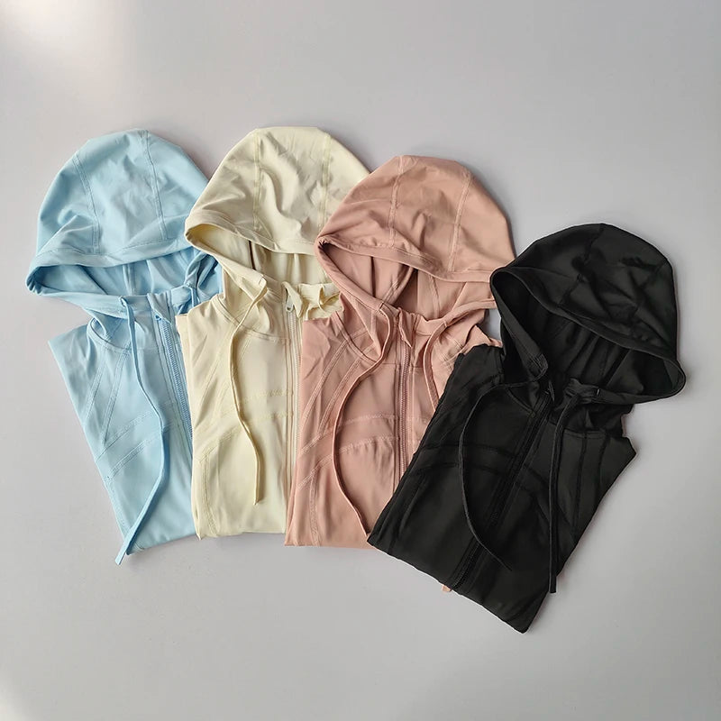 Women's Hooded Zip-Up Yoga Jacket - Windproof Long Sleeve Workout Top, Slim Fit Running Coat for Fall/Winter