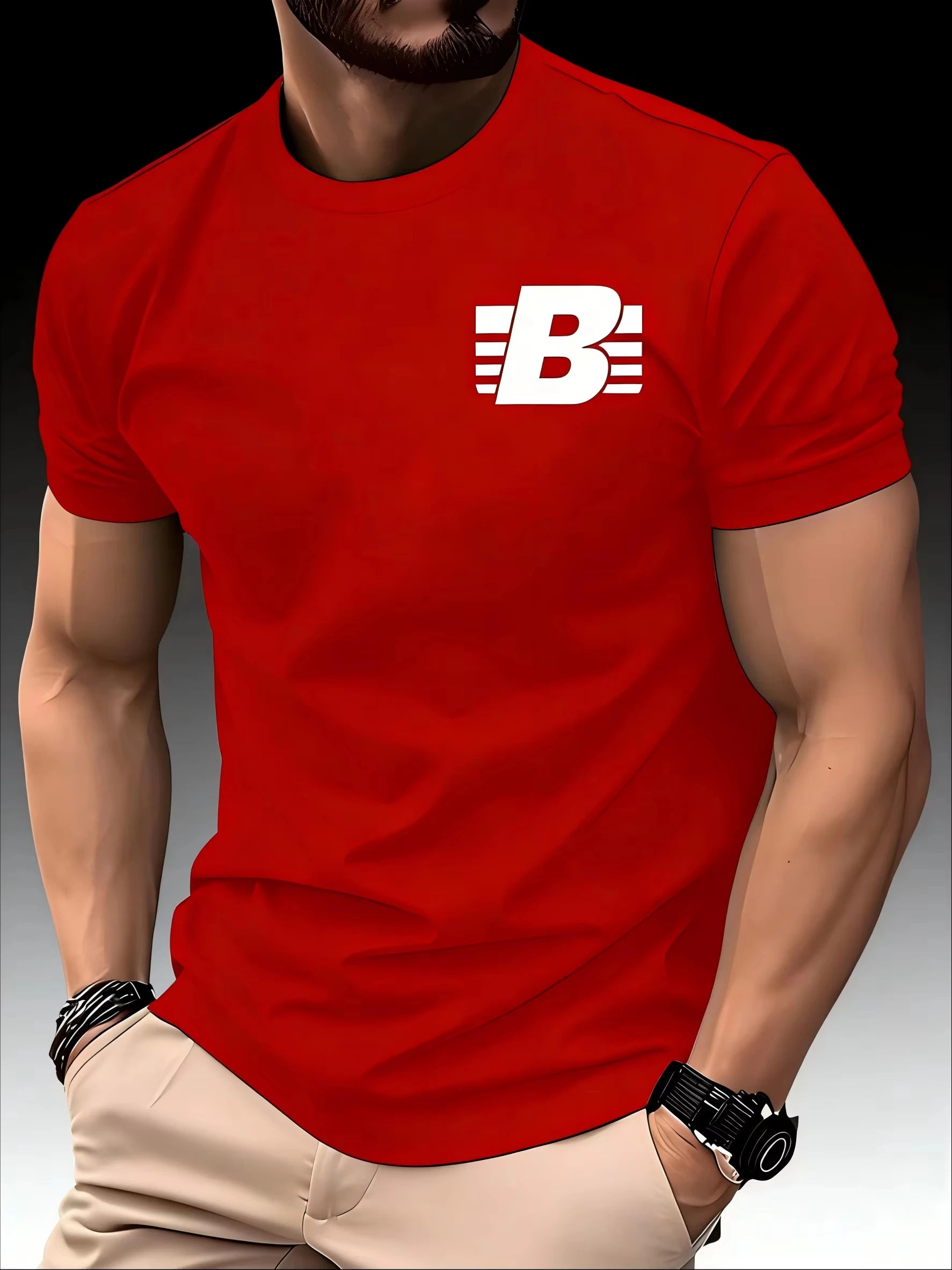 New Men's Crew Neck Running T-shirt Spring Summer Thin Striped B Print Quick Dry Short Sleeve Breathable Fitness Sports Top